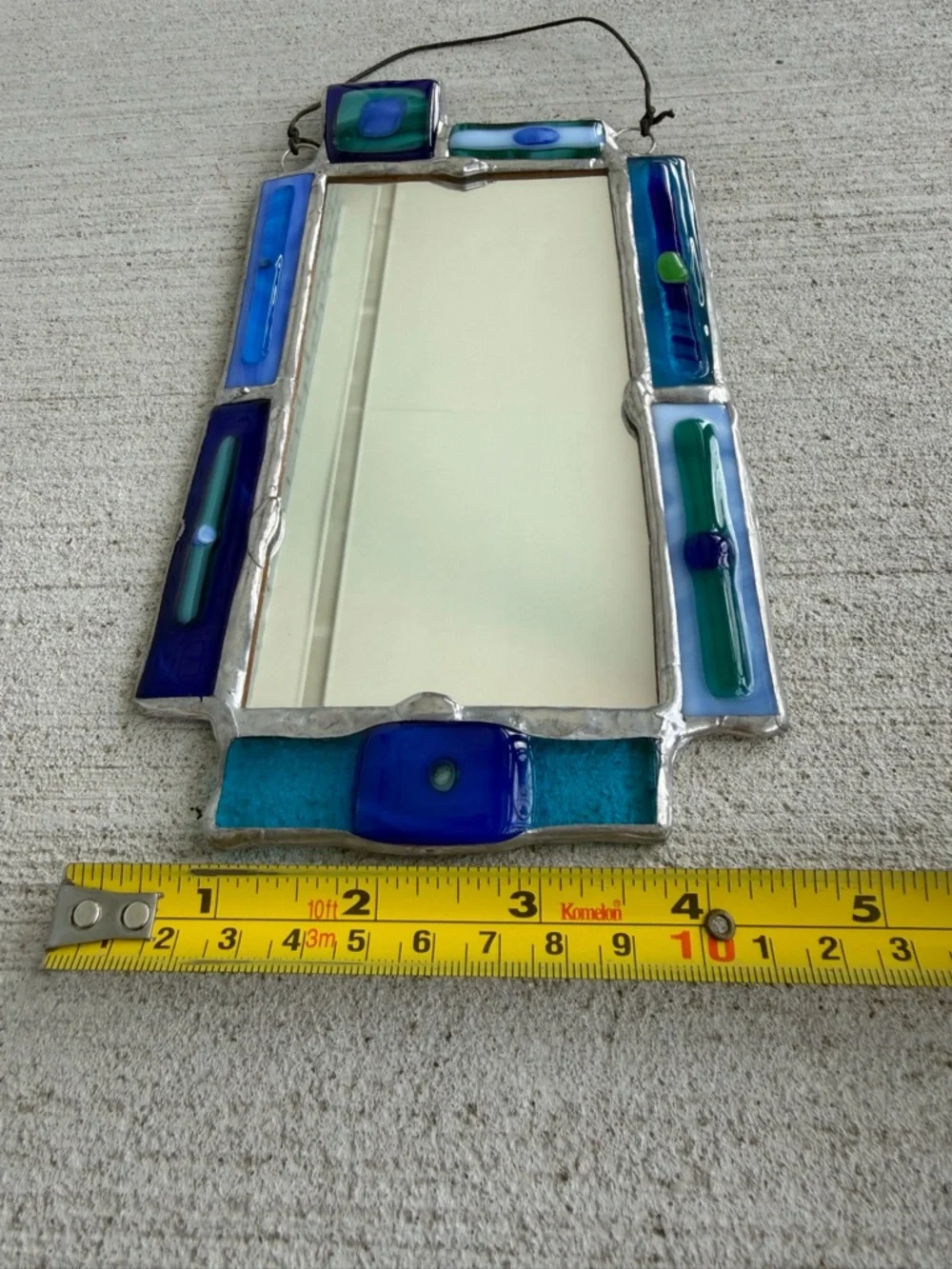 Vintage Fused Glass Wall Mirror Blue Green Stained Glass Style Handmade